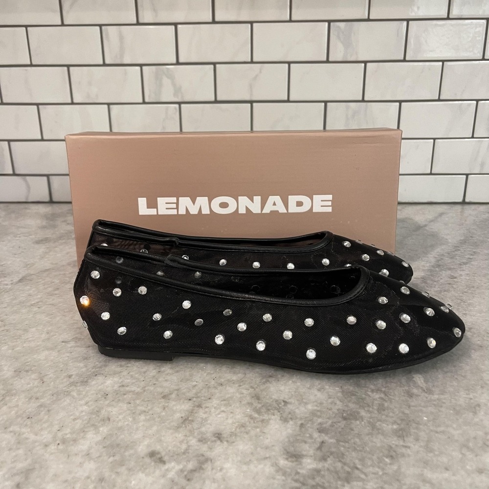 Lemonade Shoes Womens Size 9 Black Heartful Rhinestone Ballet Flats Party Fun